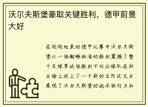 沃尔夫斯堡豪取关键胜利，德甲前景大好